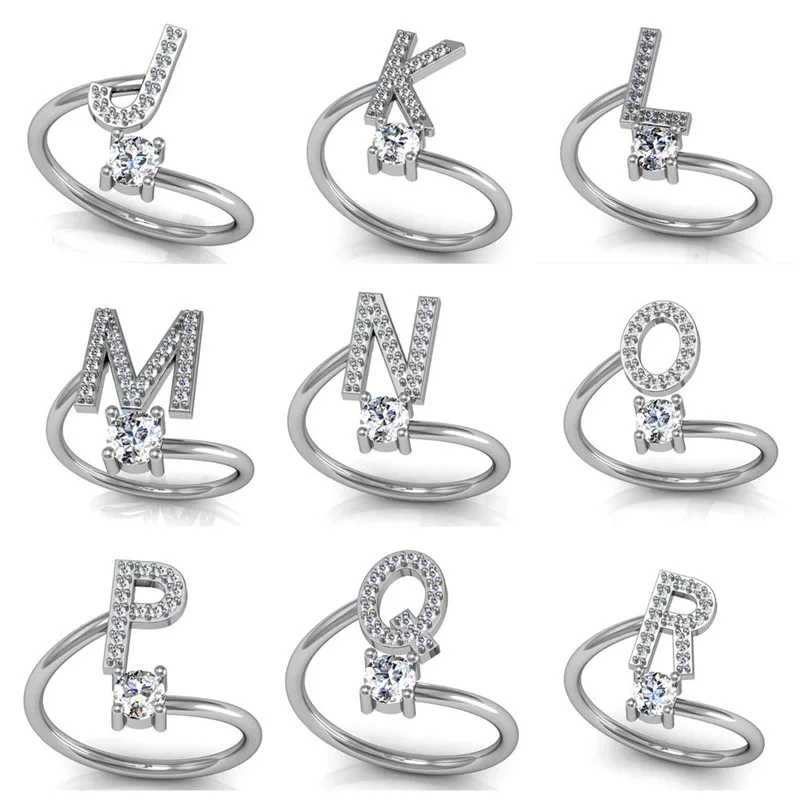 Fashion 26 Letters Crystal Silver Tone Ring For Women